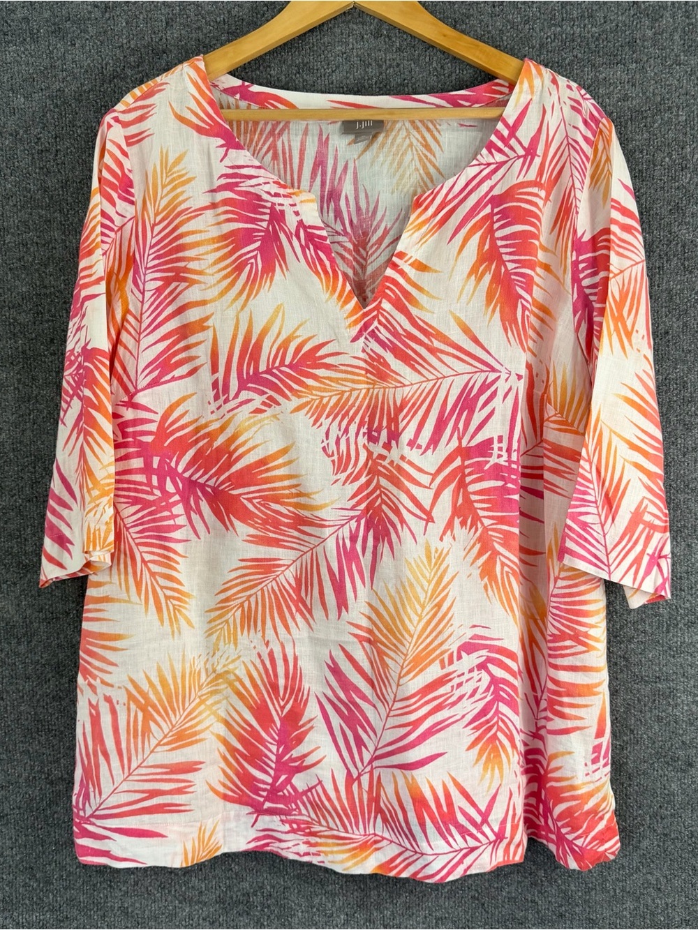 J Jill Womens 1X Linen Tunic Top Palm Print 3/4 Sleeve Vacation Beach Summer